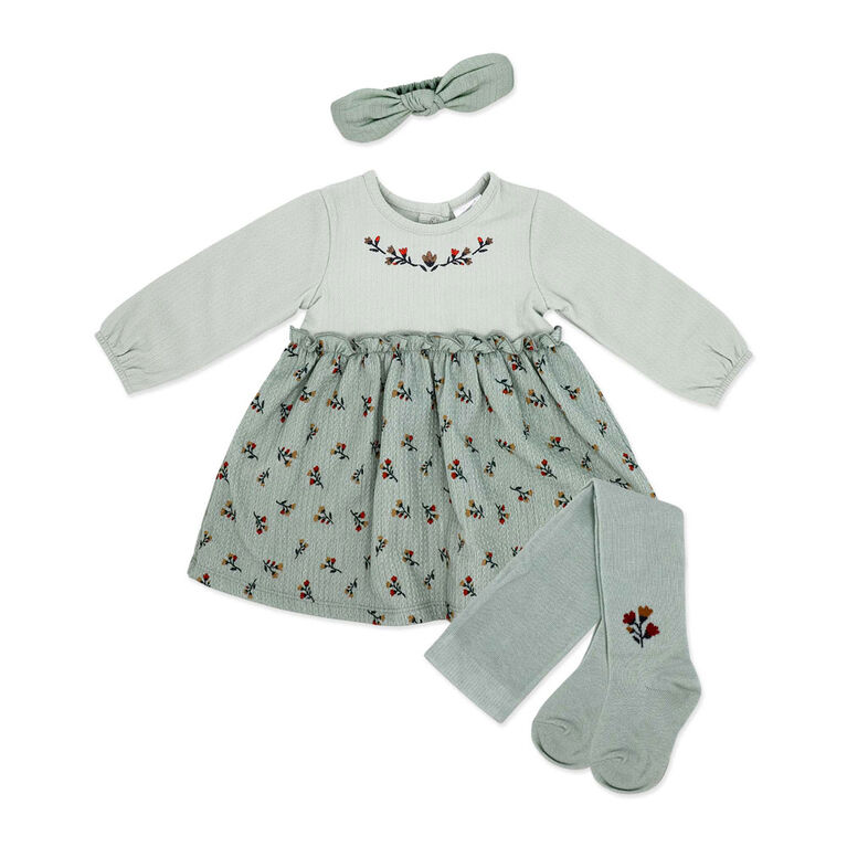 Baby Mode 3 Piece Crinkled Knit Dress Set: Green Floral 3-6M