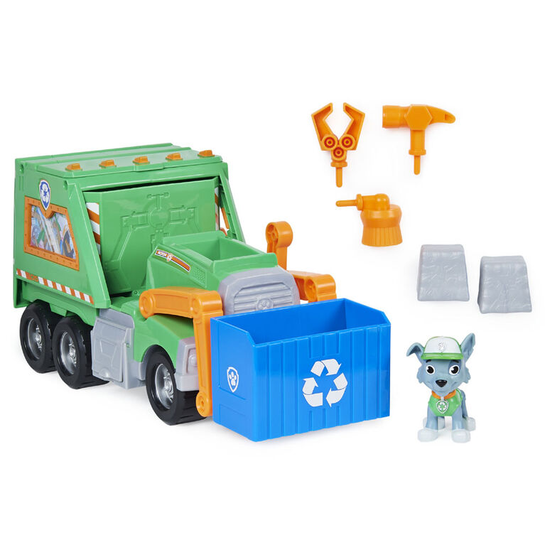 PAW Patrol, Reuse It Deluxe Truck de Rocky avec figurine à collectionner et 3 outils