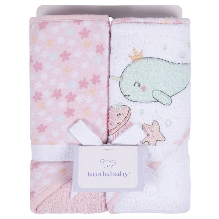 Koala Baby - Pink Narwhal Woven Hooded Towel - 2 Pack