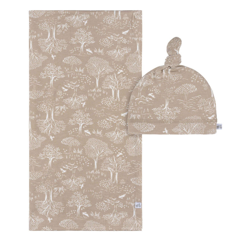 Just Born  - 2 piece Swaddle Blanket+Hat Ivory Tan Forest