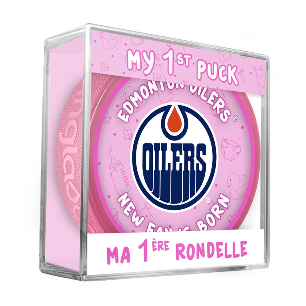 NHL Edmonton Oilers new fan is born logo on pink puck in cube