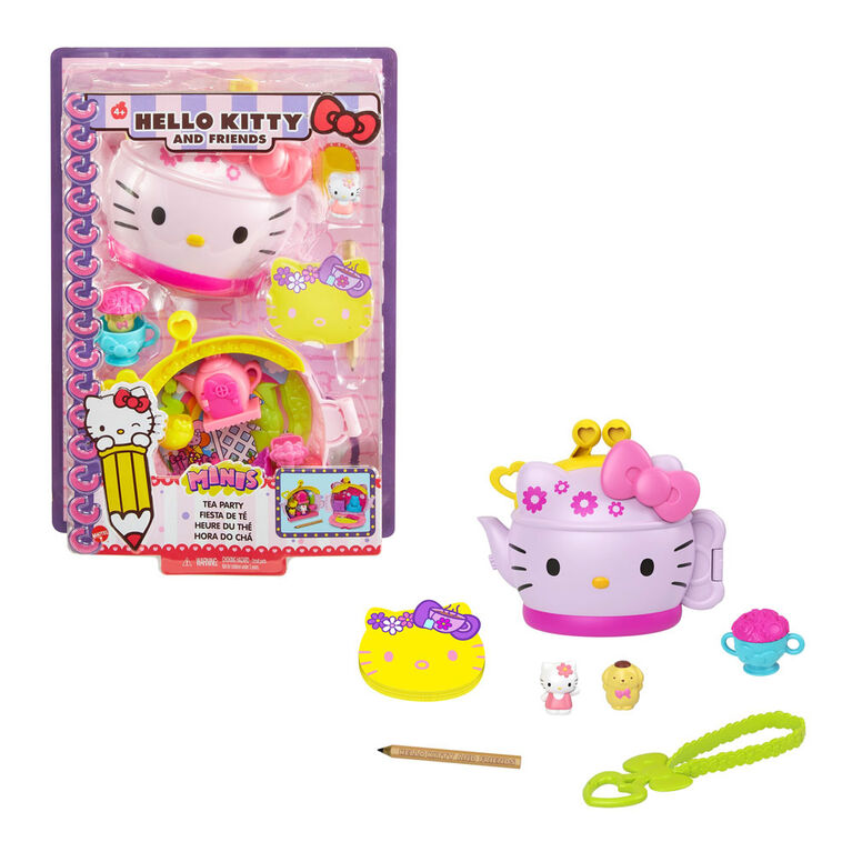 Hello Kitty Tea Party Compact (4.9-in / 12.5-cm) with 2 Sanrio Minis Figures, Stationery Notepad and Accessories