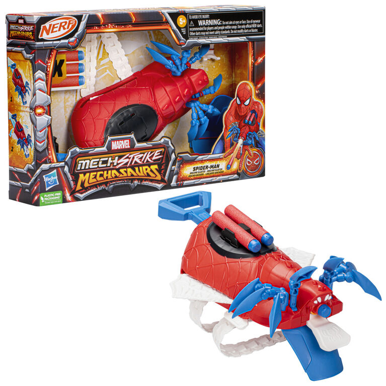 Marvel Mech Strike Mechasaurs, Arachno Blaster Nerf de Spider-Man avec 3 fléchettes, jouet de déguisement de super-héros