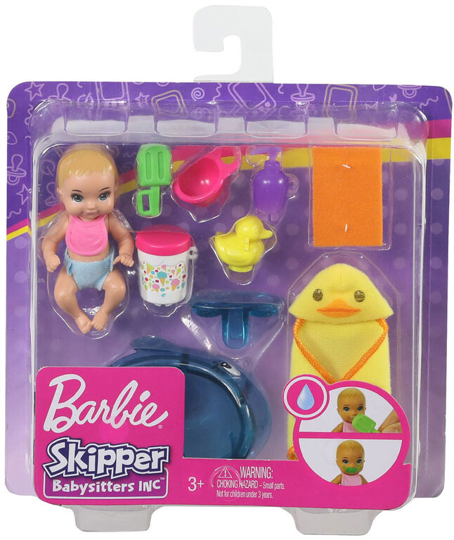 Coffret de jeu Repas et bain Skipper Babysitters Inc. Barbie avec poupée  Bébé à changement de couleur, baignoire et 6accessoires