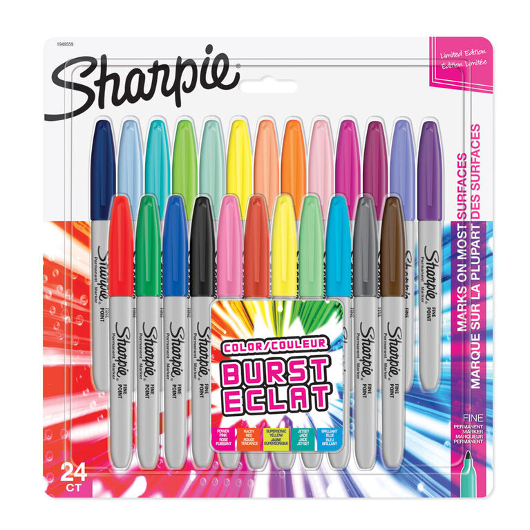 Sharpie marqueurs permanents à pointe fine, couleurs assorties, paq./24