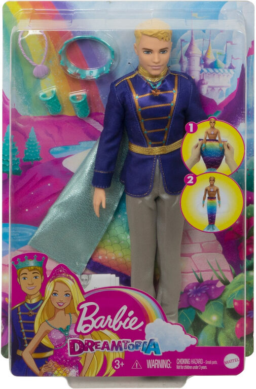 Barbie Dreamtopia 2-in-1 Ken Doll (Blonde, 12-in) with Prince to Merman Fashion Transformation