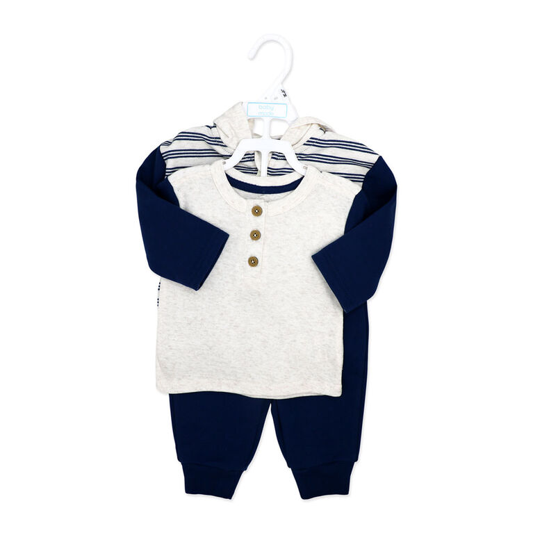 Baby Mode 3 Piece French Terry Jogger Set: Navy Stripe 3-6M