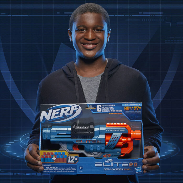 Nerf Elite 2.0, blaster Commander RD-6, 12 fléchettes Nerf officielles, barillet rotatif 6 fléchettes, rails tactiques, points de fixation