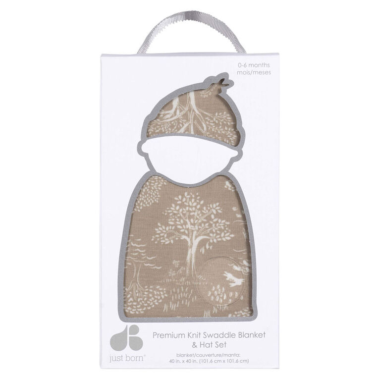 Just Born  - 2 piece Swaddle Blanket+Hat Ivory Tan Forest