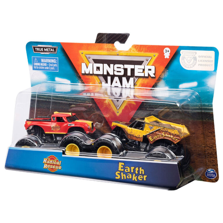 Monster Jam, Coffret de 2 véhicules authentiques Radical Rescue vs Earth Shaker, Monster trucks en métal moulé à l'échelle 1:64.
