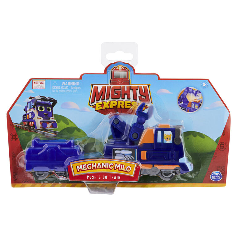 Mighty Express, Petit train Push and Go Milo le mécano avec wagon de  cargaison, jouets pour enfants à partir de 3 ans