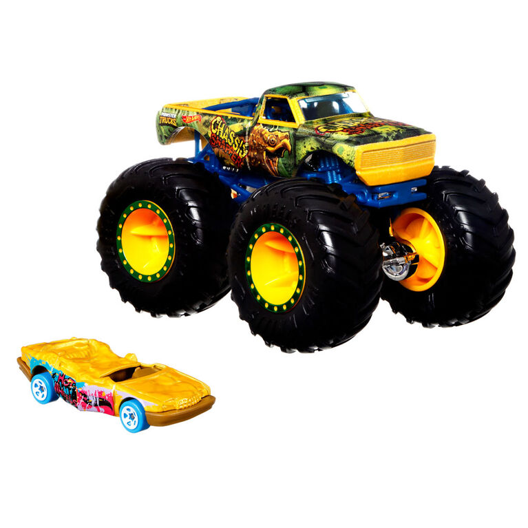 Hot Wheels Monster Trucks 1:64 Scale Vehicles 2 Pack; 1 Die-Cast Truck and 1 Car