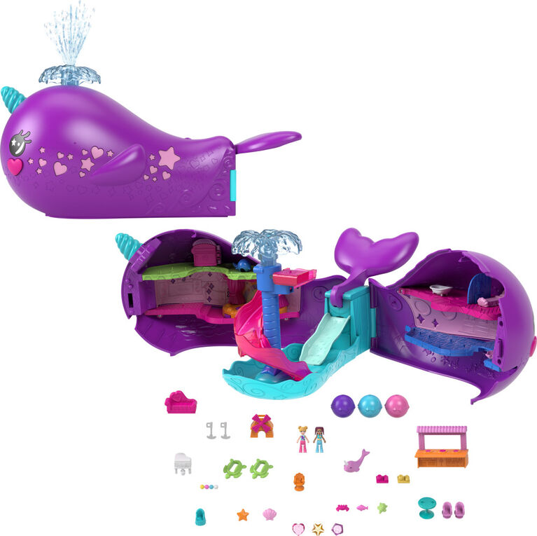 Polly Pocket Sparkle Cove Adventure Narwhal Adventurer Boat Playset with 2 Micro Dolls and 13 Accessories