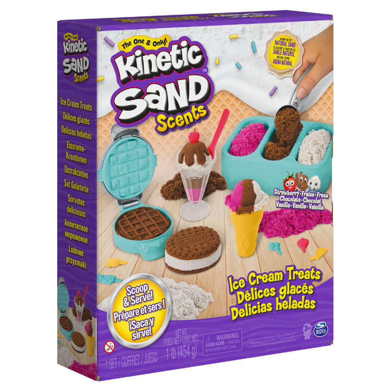 Kinetic Sand Scents, Ice Cream Treats Playset with 3 Colors of All-Natural Scented Sand and 6 Serving Tools