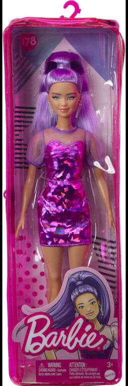 Poupée Barbie Fashionistas n°178, Robe Violette Irisée avec Manches et Haut du Buste Transparents, Baskets Violettes