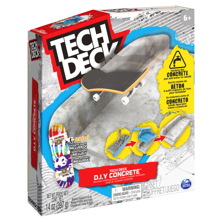 Tech Deck DIY Concrete, Coffret à modeler réutilisable avec fingerboard Enjoi exclusif, rail, moules et kit de skatepark