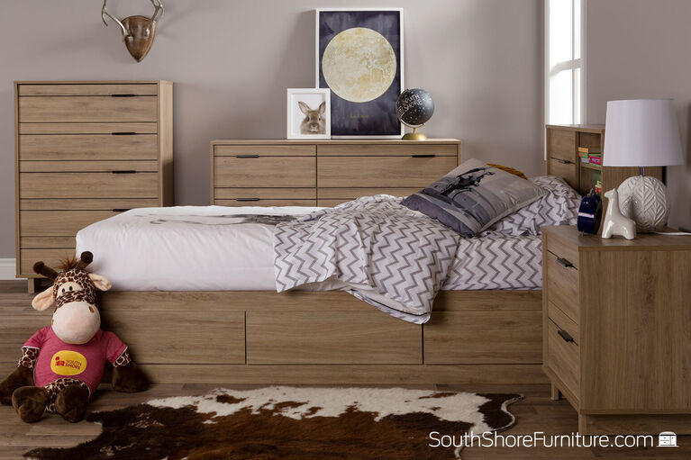 Fynn Bookcase Headboard with Storage- Rustic Oak