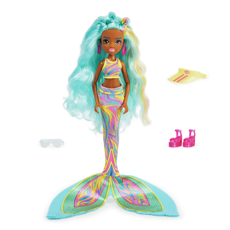 Mermaid High, Poupée sirène Spring Break Oceanna et accessoires avec queue amovible et mèches de cheveux qui changent de couleur