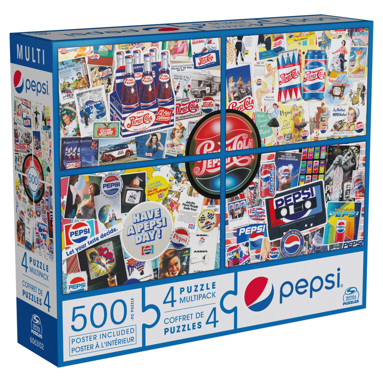 Pepsi, 500-Piece Jigsaw Puzzle Bundle of 4 Vintage Retro Wall Decor Soda Pop Cans Bottles Gift Set with Posters
