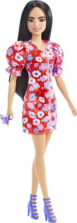 Poupée Barbie Fashionistas n°177 avec Robe Color Block à Fleurs et Manches Bouffantes
