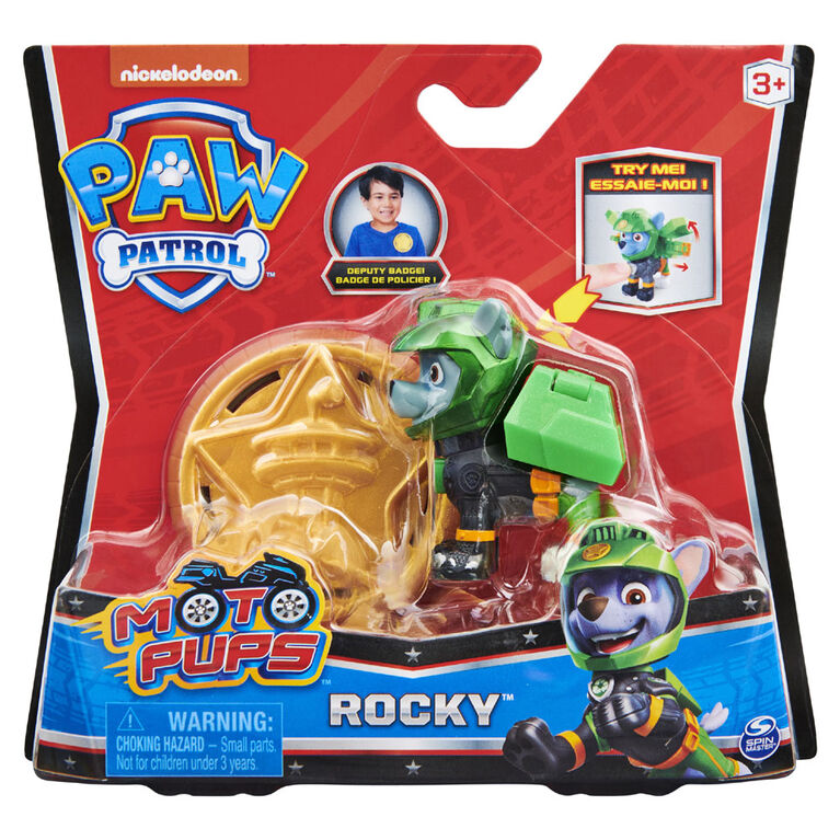 PAW Patrol, Figurine à collectionner Rocky Moto Pups avec badge de policier à porter