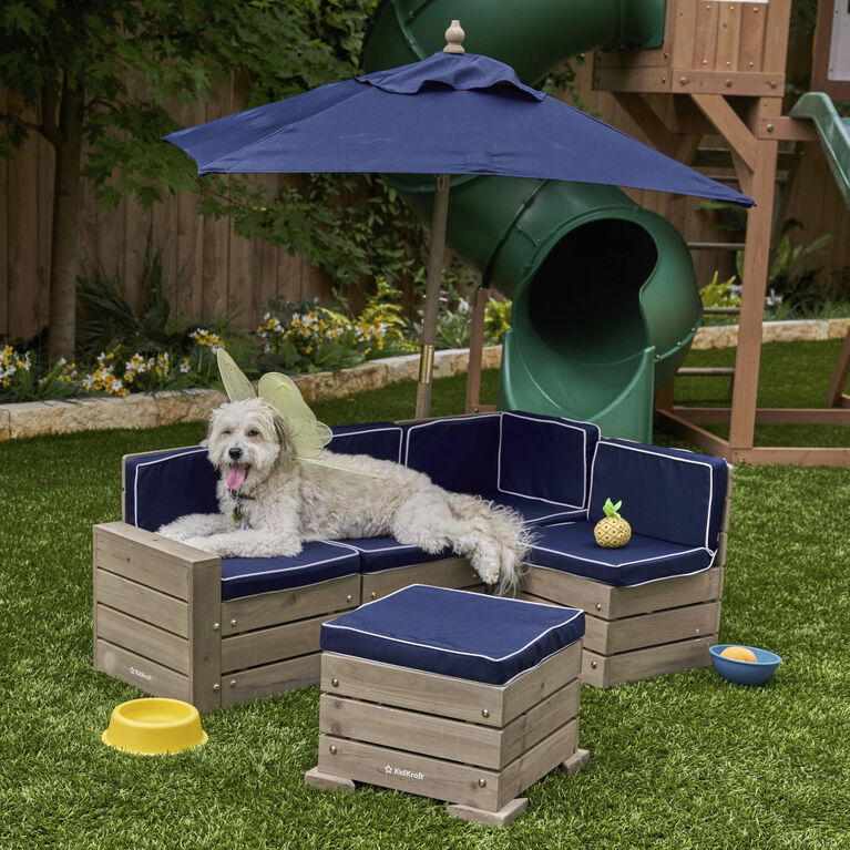 KidKraft - Wooden Outdoor Sectional Ottoman and Umbrella Set with Cushions, Kids' Patio Furniture, Barnwood Gray and Navy