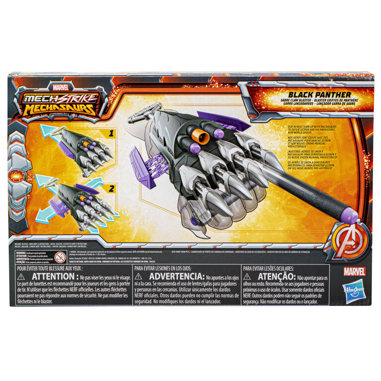 Marvel Mech Strike Mechasaurs Black Panther Sabre Claw Blaster, NERF Blaster with 3 Darts, Role Play Super Hero Toys
