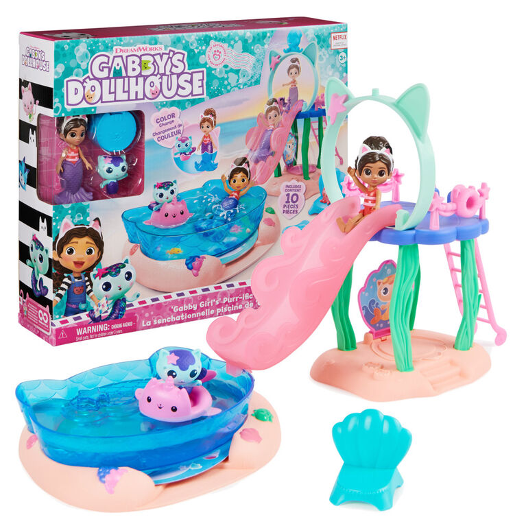 Gabby's Dollhouse, Purr-ific Pool Playset with Gabby and MerCat Figures, Color-Changing Mermaid Tails and Pool Accessories
