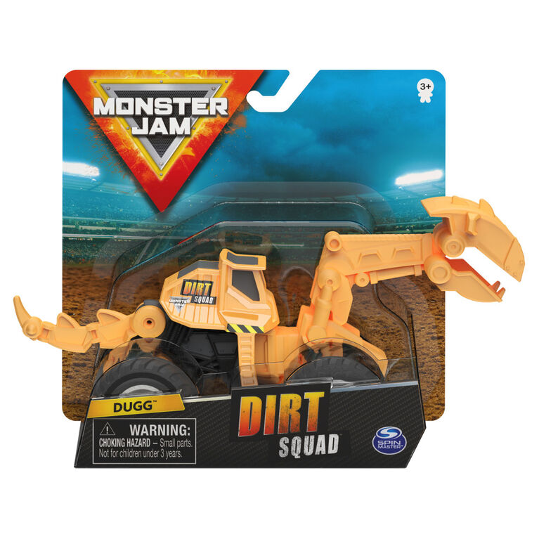 Monster Jam, Official Dugg Dirt Squad Excavator Monster Truck with Moving Parts, 1:64 Scale Die-Cast Vehicle