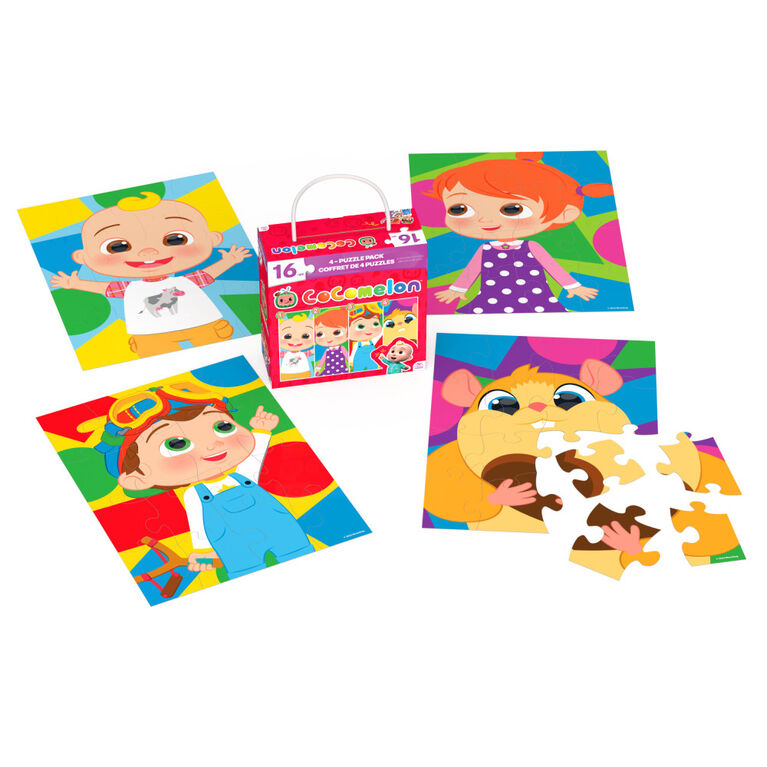 CoComelon, Coffret de 4 puzzles de 16 pièces faciles à assembler, JJ et ses amis, Série YouTube et Netflix, avec boîte cadeau portable à poignée en corde