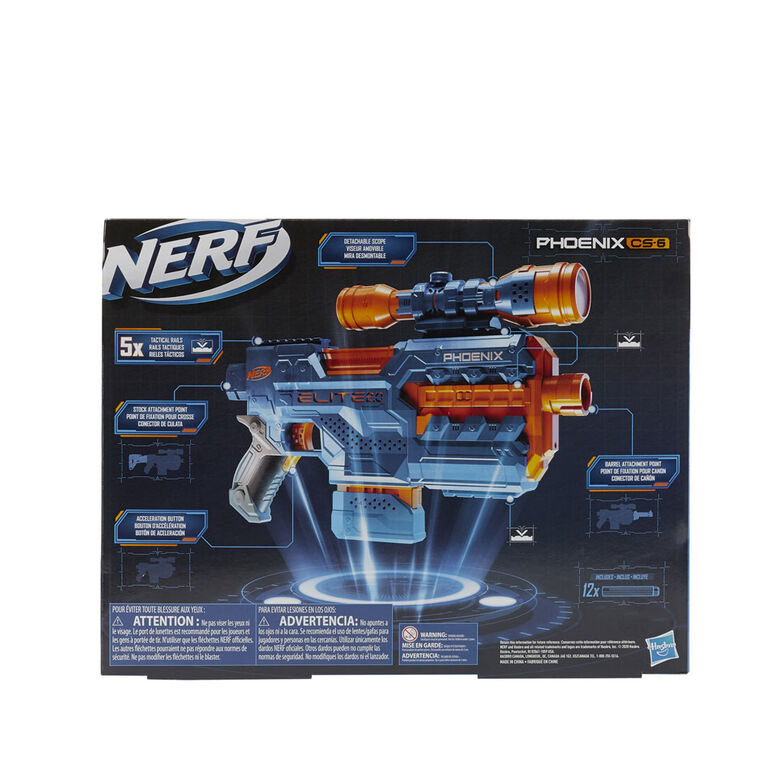 Nerf Elite 2.0, blaster motorisé Phoenix CS-6, 12 fléchettes Nerf, chargeur 6 fléchettes, viseur, rails tactiques, points de fixation