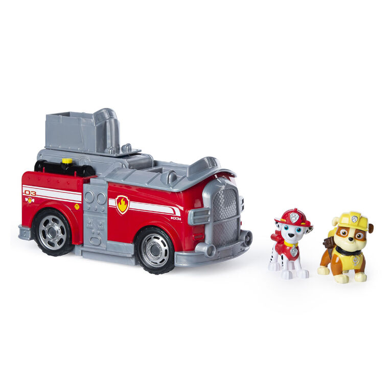 PAW Patrol, Camion de pompier 2-en-1 de Marcus transformable Split-Second avec 2 figurines à collectionner