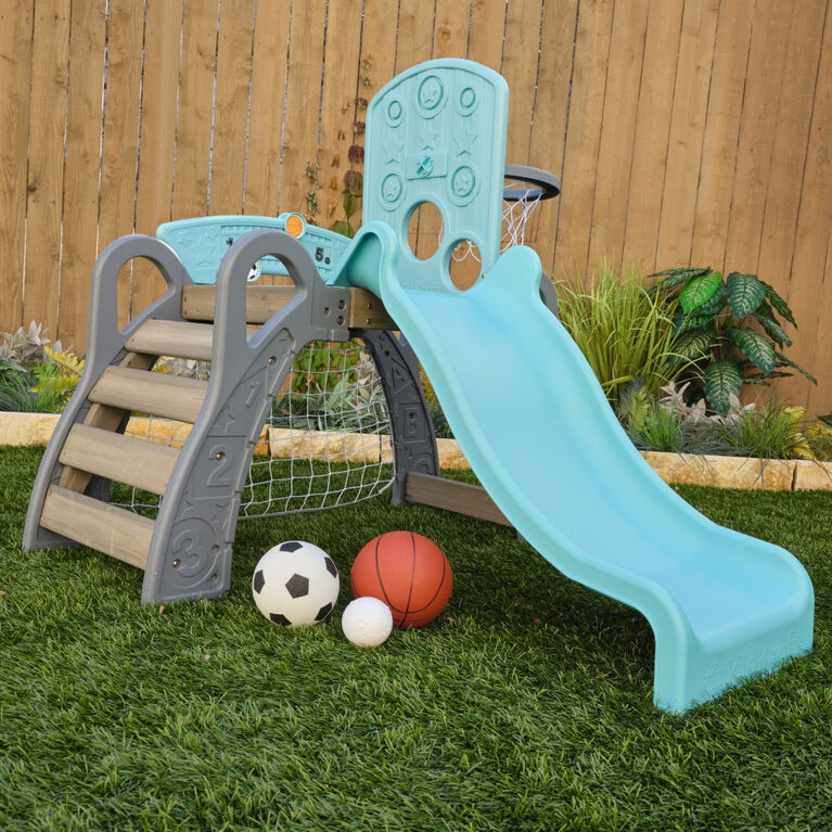 KidKraft Structure à grimper sportive 5 en 1 pour tout-petits comprenant un filet de soccer, un panier de basketball, un coussin de baseball, une balle et deux ballons