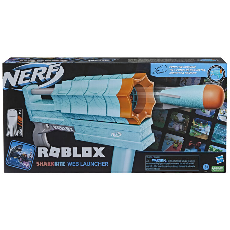 Nerf Roblox, blaster lance-roquette SharkBite: Web Launcher, inclut code pour objet virtuel exclusif, 2 roquettes Nerf, mécanisme à pompe