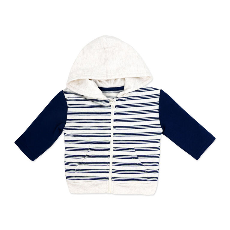 Baby Mode 3 Piece French Terry Jogger Set: Navy Stripe 3-6M