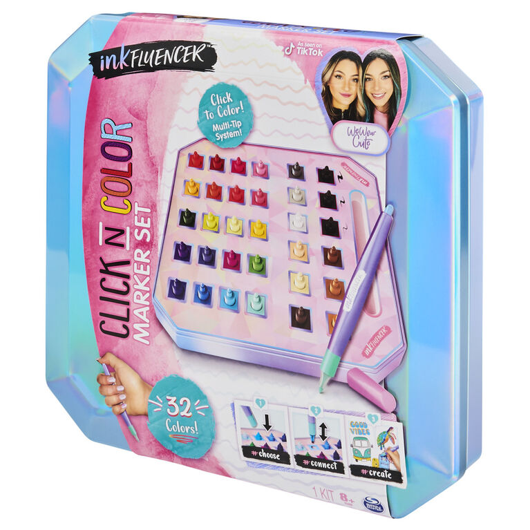 inkFLUENCER, We Wear Cute Click N Color Marker Set, Activity Kit With 32 Click-on Marker Tips