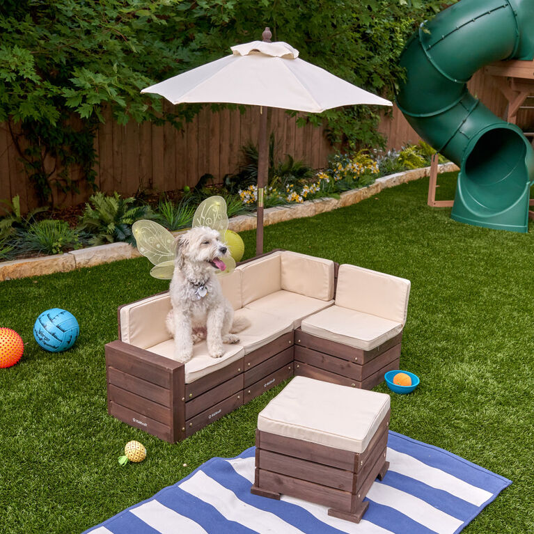 KidKraft - Wooden Outdoor Sectional Ottoman and Umbrella Set with Cushions, Kids' Patio Furniture, Bear Brown and Beige