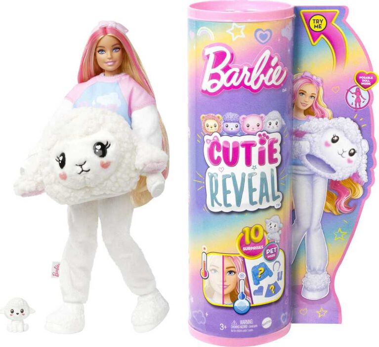 Barbie Cutie Reveal Cozy Cute Tees Doll and Accessories, Lamb in "Dream" T-shirt, Pink-Streaked Blond Hair and Blue Eyes
