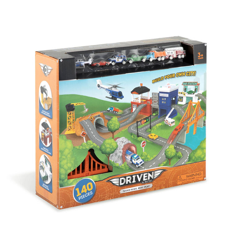 Ville avec pistes et véhicules-jouets, Construis une ville (140 pcs) - Format Poche, Driven