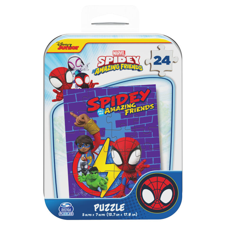 Marvel, Puzzle de 24 pi&egrave;ces Spidey and his Amazing Friends, Peter Miles, Gwen, produit officiel de comics de super-h&eacute;ros, avec bo&icirc;te cadeau en m&eacute;tal
