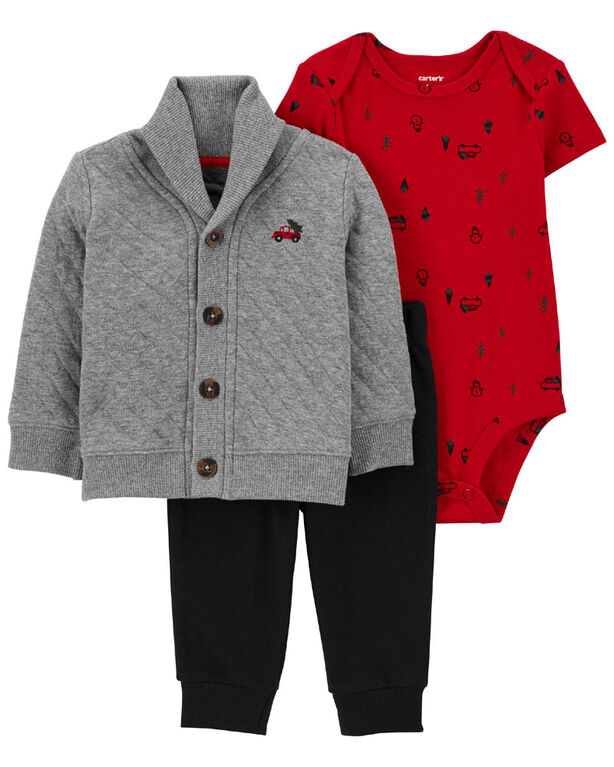 Carter's Three Piece Doubleknit Little Cardigan Set Gray  9M