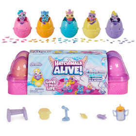 Hatchimals Alive, Egg Carton Jouet avec 5 mini figurines dans des oeufs qui éclosent tout seuls, 11 accessoires