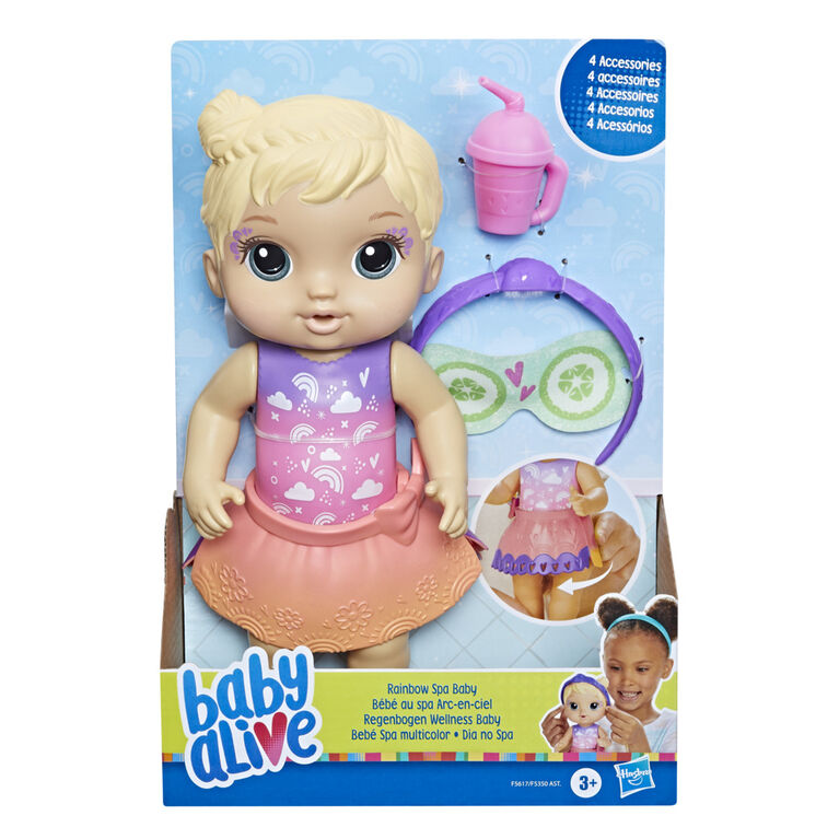 Baby Alive Bébé au spa Arc-en-ciel, poupée de 22,5 cm aux cheveux blonds, thème spa, masque pour poupée et biberon