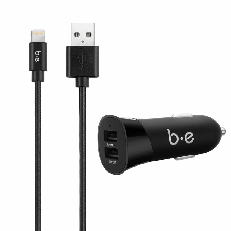 Blu Element Car Charger Dual USB 3.4A w/Lightning Cable Black