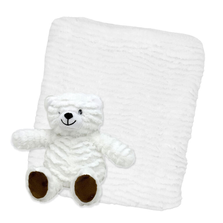 Peluche striée signature mode bébé avec couverture : ours blanc