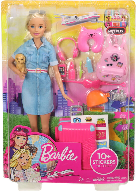 Coffret poupée Barbie Voyage avec chiot, valise et plus de 10 accessoires