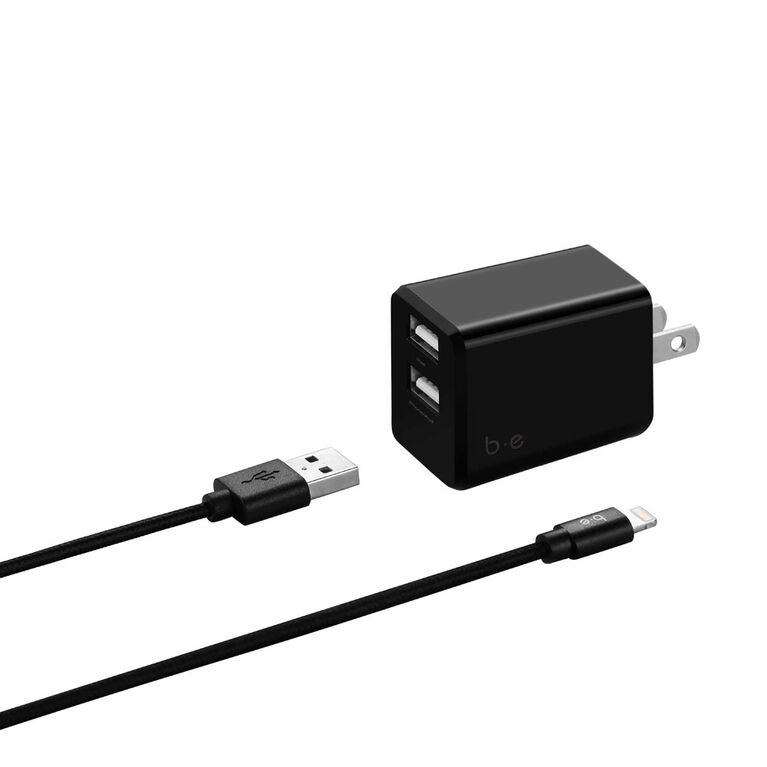 Blu Element  Chargeur Mural Dual USB 3.4A avec Lightning Câble Noir
