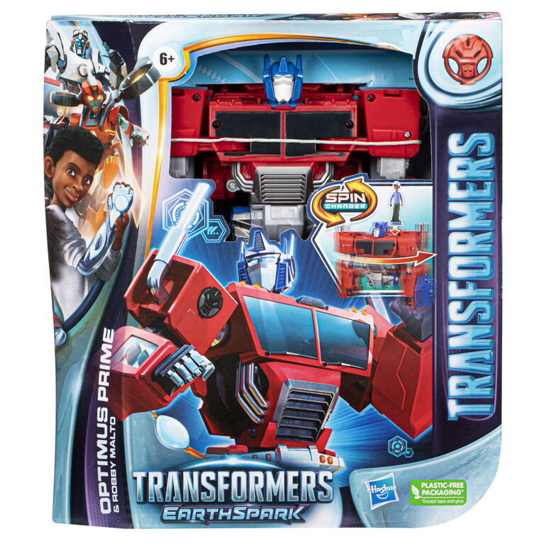 Transformers Toys EarthSpark Spin Changer Optimus Prime 8-Inch Action Figure with Robby Malto 2-Inch Figure