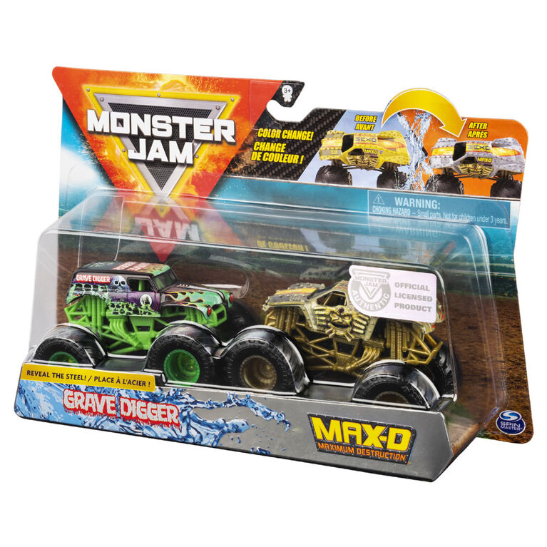 Monster Jam, Monster trucks Grave Digger vs Max-D officiels qui changent de couleur en métal moulé, échelle 1:64