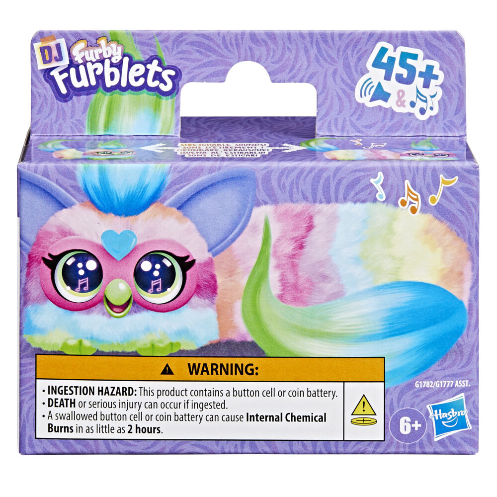 Furby DJ Furblets Can-Dee-Swirl Mini Electronic Plush Toy with Funny Stretchable Sound Effects & Music, Speaks Furbish, Pink, Blue & Purple